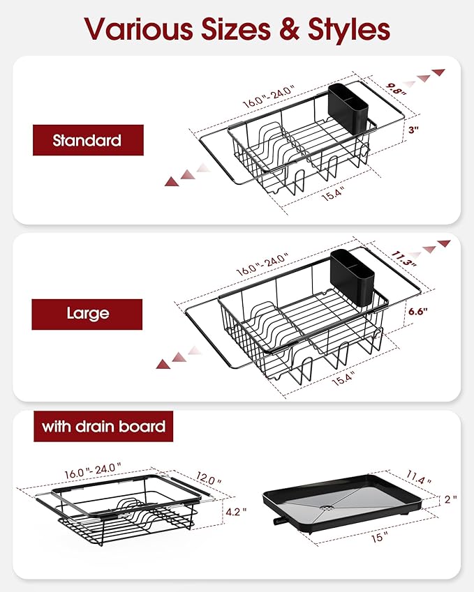 Dish Drying Rack in Sink - Expandable Stainless Steel Dish Rack Over the Sink, Kitchen Sink Drain Strainer with Cutlery Holder & Cup Holders, 15.4 x 9.8 x 3.0 Inch, Black
