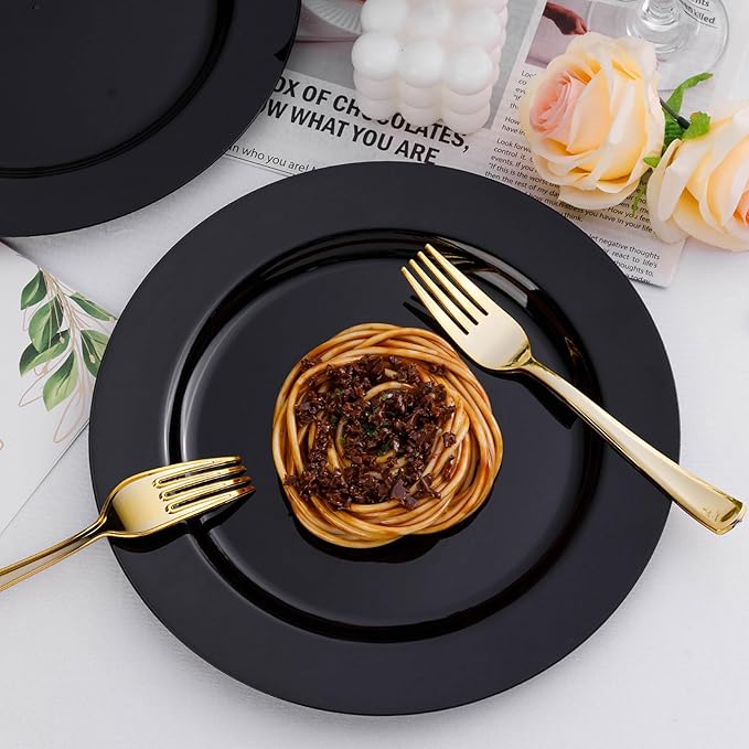 50PCS Plastic Plates for 25 Guests - 25 Dinner (10.25 inch) and 25 Dessert (7.5 inch) Black Disposable Plates for Party, Wedding and Dinner