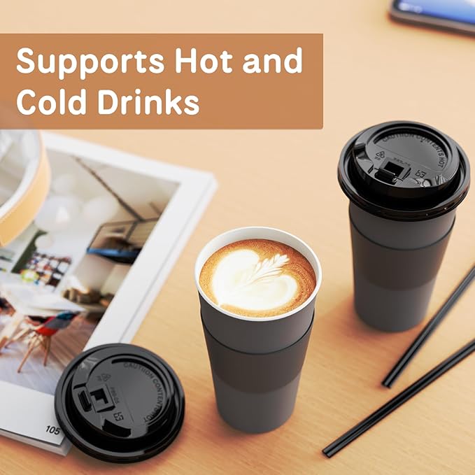 100 Pack 12 oz Disposable Paper Coffee Cups with Lids and Sleeves and Stirring Sticks, Leak-free Disposable Insulated Paper Cups for To Go Hot or Cold Beverages(Gray)