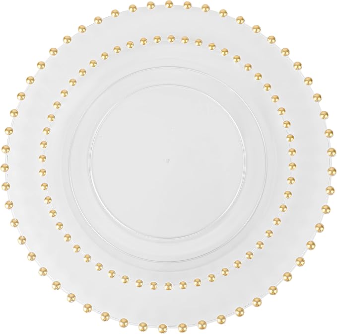 PLASTICPRO 64 Piece Combo Plastic Dinner Plates Disposable Plastic Fancy Heavy Duty Party Dishes 7 inch and 10 inch, Clear and Gold Beaded