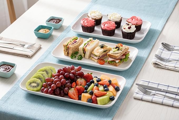 DELLING 12 Inch Serving Platter Set of 3, White Rectangular Serving Plates, Porcelain Serving Trays for Party Entertaining, Large Platters for Meat Sushi Appetizer, Oven Microwave Dishwasher Safe
