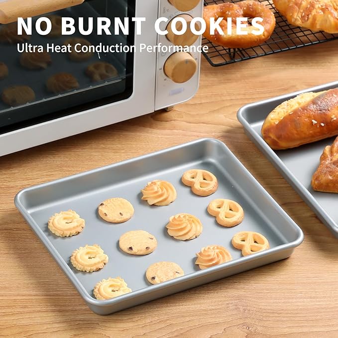 Toaster Oven Pans for Baking, 2-PACK 11-Inch Nonstick Baking Trays, 57% Thicker Cookie Sheet Pans Set, Dishwasher Safe and Heavy Duty Small Replacement Trays for Oven (Silver)