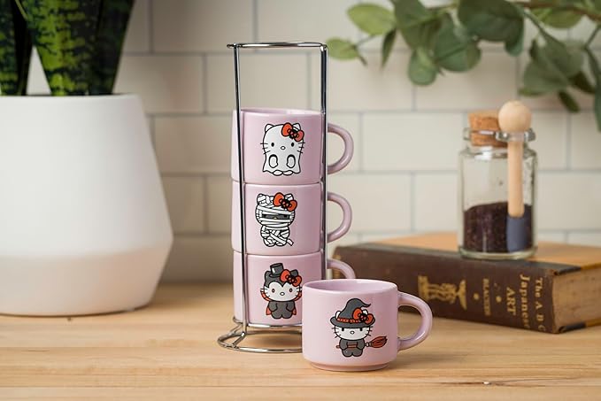 Silver Buffalo Sanrio Hello Kitty Halloween 4 Pack Stackable Ceramic Mug Set With Storage Rack, 3 Ounces