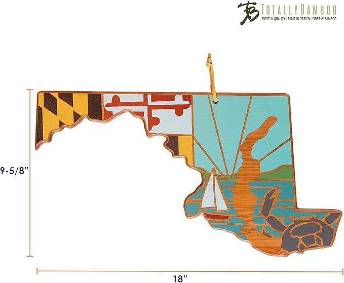Totally Bamboo Maryland State Shaped Cutting Board and Charcuterie Serving Platter with Artwork by Summer Stokes, Includes Hang Tie for Wall Display