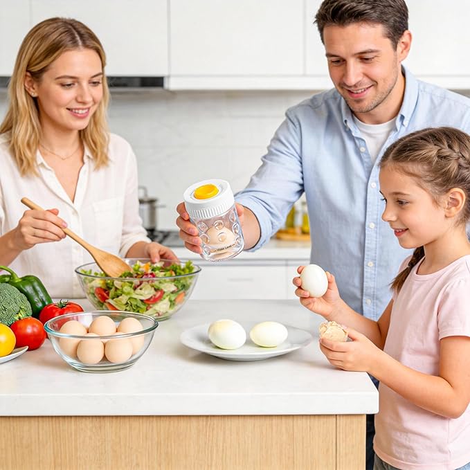 2 in 1 Egg Peeler with Piercer, Hard Boiled Egg Shell Remover Tool with Rotary Lock & Leak-Proof Design, Clear Egg Peeler for Meal Prep, Fitness, Camping & Deviled Eggs, Easy to Use & Clean (White)