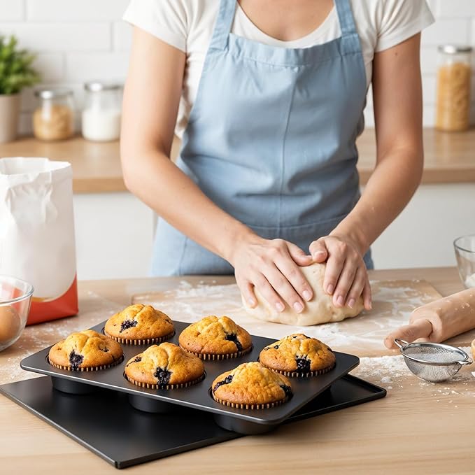 6 Cup Straight Side Jumbo English Muffin Cupcake Pan with Lid, Nonstick Hamburger Bun Pan, Nonstick Baking Tin Tray Mold for Baking Burger Buns Roll Focaccia Quiche Pancake