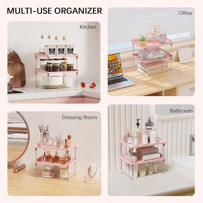 2 Pcs Cabinet Organizer Shelf,Stackable Kitchen Counter Shelves, Spice Rack,Countertop Organizers,Pink Plastic Storage Shelves Rack for Makeup,Bathroom, Cupboard,Desk,Pantry Organization