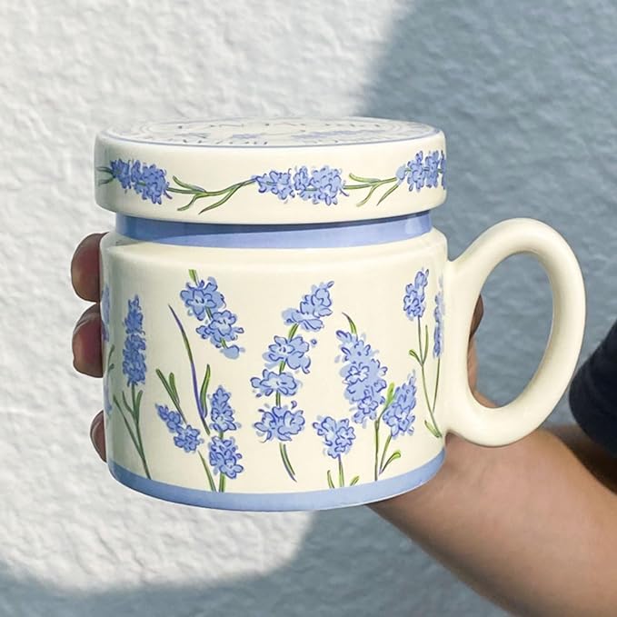 12.9oz Ceramic Coffee Mug with Lid,Flower Patterned Porcelain Mug,Ceramic Tea Cup Coffee Latte Mug for Office and Home,Blue,1 Piece