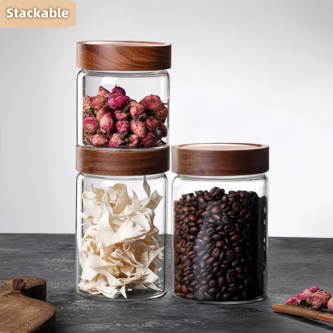 28 Fl oz/850 ml Glass Food Storage Jar, Premium Clear Glass Container Jar with Airtight Screw-on Wooden Lid, Kitchen Canisters for Coffee,Tea,Pasta,Cookies, Nuts,Spice,Candy,Overnight Oatmeal(Medium)