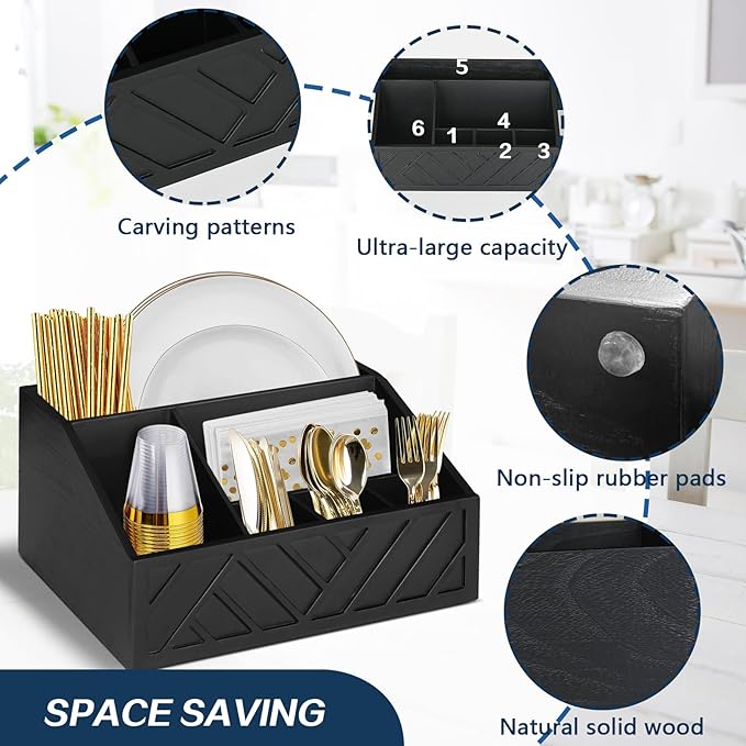 Paper Plate Dispenser, Paper Plate Holder for Kitchen Counter, Wood Rustic Silverware Utensil Caddy, Cutlery Flatware Organizer Box for Cups Spoons Forks Plates Napkins, Kitchen Accessories