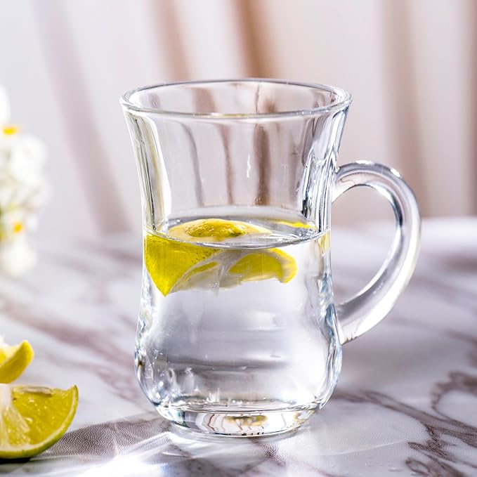 Turkish Tea Glasses With Handle - Tea Cups Set of 6 - Slim Waist Thick Sole Tea Glass for Hold Cold Drinks, 5 oz / 150ml