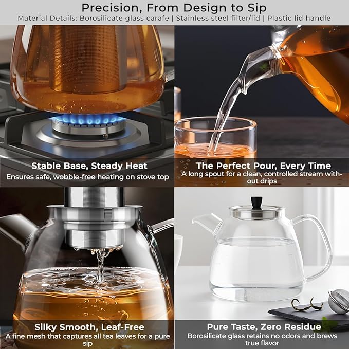 Aquach 42oz Glass Teapot with Removable Infuser - Stovetop & Dishwasher Safe Tea Kettle, Borosilicate Glass Pot for Hot & Iced Tea, Perfect for 2-4 People