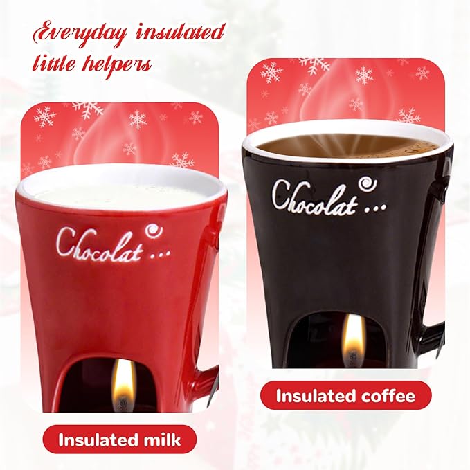 Mini Sweet Fondue Cup, Ceramic Coffee Warmer Mug, Portable Chocolate Melting Cup with Fork for Cheese, Great for Adult/Kids for Camping/Date/Movie Night/Birthday/Wedding Gifts (Brown)