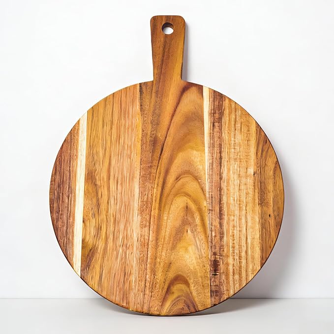 Large Acacia Wood Cutting Board with Handle 17''X13'', Charcuterie Board, Serving Board, Chopping Board for Meat, Cheese, Bread, Vegetables & Fruits (Round)