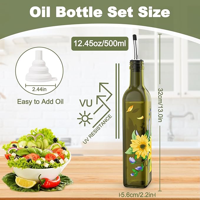 COOLMI Oil and Vinegar Dispenser Set - 17oz/500ML Premium Glass Olive Oil Dispenser Bottles for Kitchen, Oil Dispenser for Kitchen (Yellow Daisy)