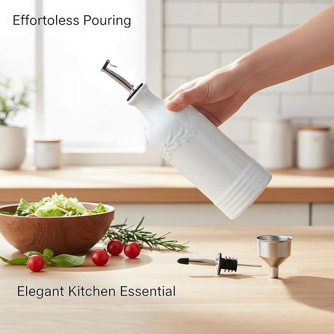 ONEMORE Ceramic Olive Oil Dispenser Bottle with Pour Spouts & Funnel, 17 oz Refillable Kitchen Oil Dispenser for Cooking, Drizzling, Dressing, Modern Leakproof Oil and Vinegar Dispenser, White