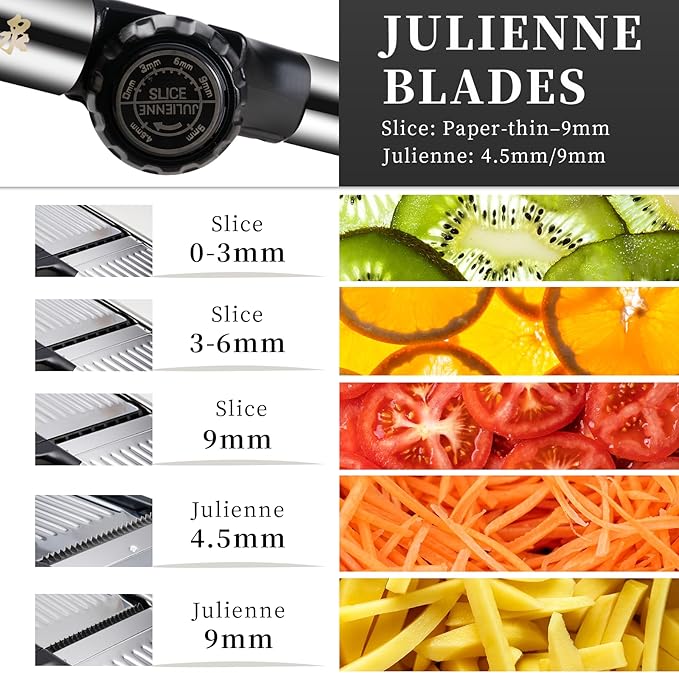 Adjustable Mandoline Slicer for Kitchen - Stainless Steel Vegetable Slicer Julienne Cutter with Ultra Sharp Blades 5-in-1 Vegetable Shredder for Onion, Potato Chip, French Fry