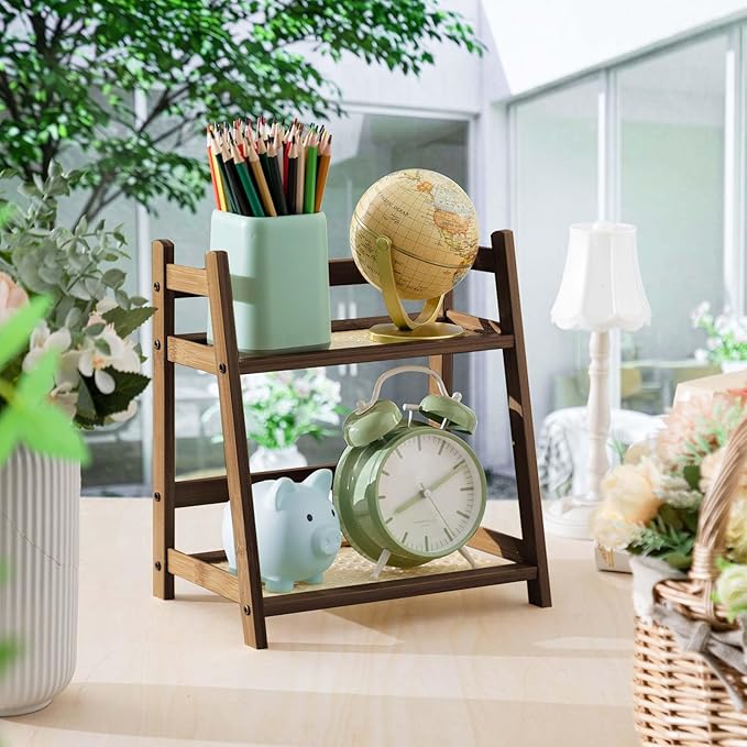 1 Pcs 2 Tier Matcha Station Shelf Bamboo Coffee Mug Stand Countertop Storage Rack, Double Layer Rattan Office Cup, Kitchen, Tea, Plant, Bar Accessories Condiment Display(Brown,10.2 Inch)