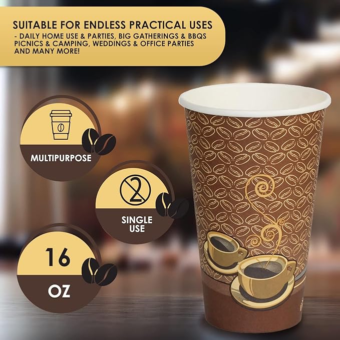 PAMI Disposable Coffee Cups, Single-Use Paper Cups, To-Go Hot Beverage Cups for Espresso Coffee Tea Hot Chocolate, Leak Resistant, Cafe & Home Use (1000, 16oz)