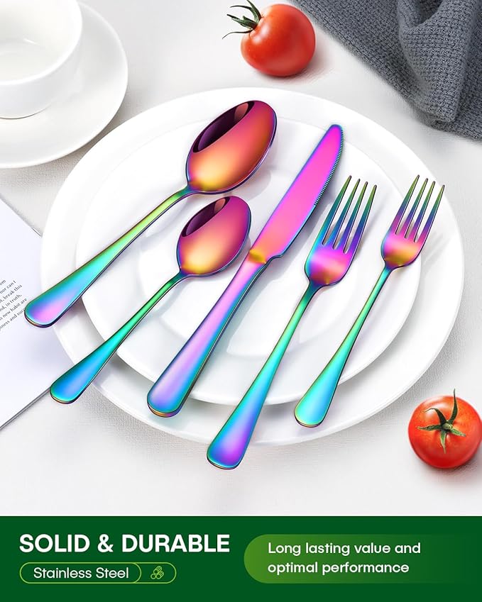 60 Piece Rainbow Silverware Set, Stainless Steel Flatware Set for 12 Colorful Cutlery Utensil Set Include Knife Fork Spoon Food Grade Mirror Polished Dishwasher Safe
