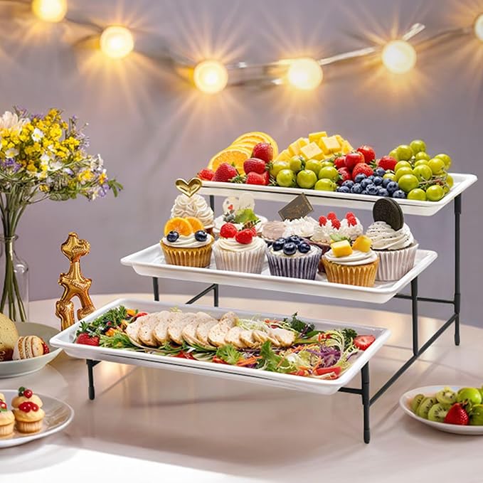Lifewit 3 Tier Serving Tray, 36 x 17 cm/14 x 6.5 White Plastic Tiered Food Serving Platters, Tiered Tray Stand for Party with Black Collapsible Metal Stand, Dessert Display Stand for Cookies/Crackers