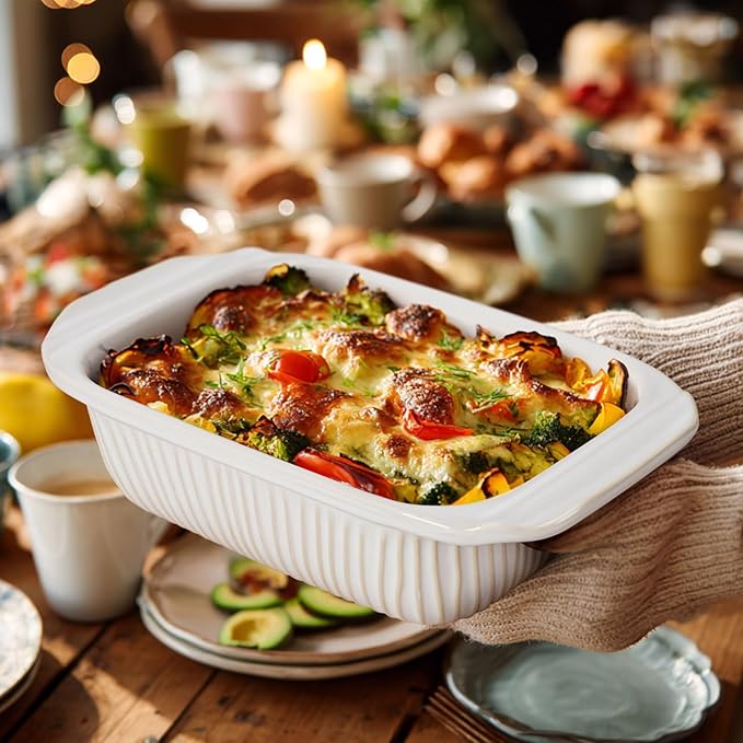 Artena Baking Dish 2.3 Quarts, Casserole Dishes For Oven, Baking Pan With Handles, Lasagna Pan Deep, Large Casserole Dish, Rectangular Ceramic Bakeware, White (Baking Dish With Rack)