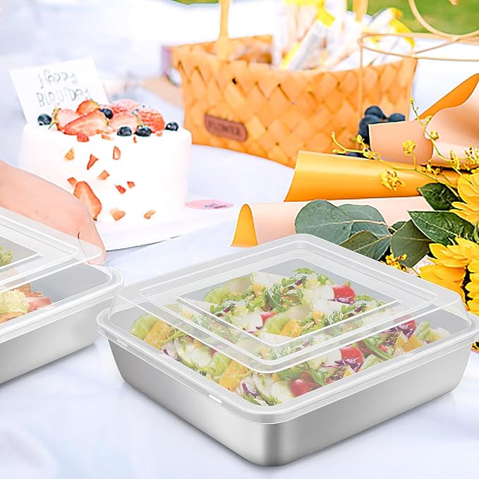 TeamFar 9 x 9 Inch Square Cake Pan, Stainless Steel Square Baking Pan with Lid for Brownie Lasagna, Non-Toxic & Heavy Duty, One-Piece & Smooth, Dishwasher Safe & Easy Clean (2 Pans + 2 Lids)