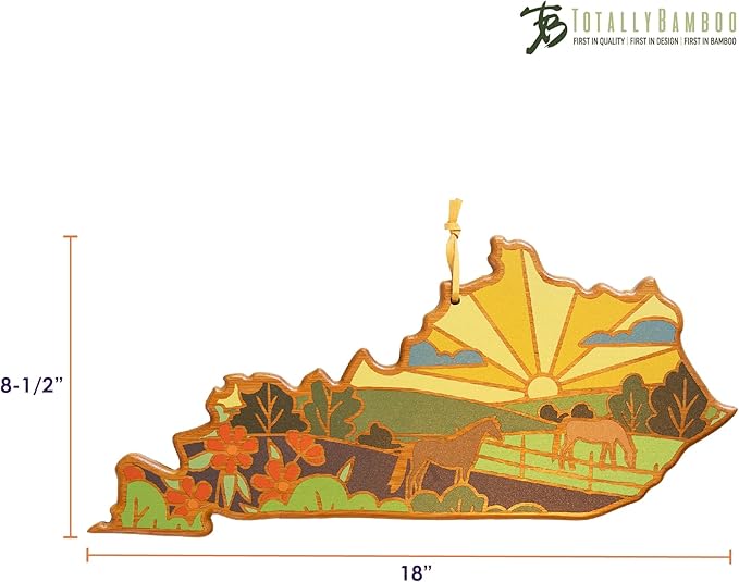 Totally Bamboo Kentucky State Shaped Cutting Board and Charcuterie Serving Platter with Artwork by Summer Stokes, Includes Hang Tie for Wall Display