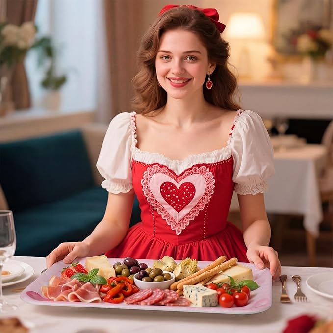 Vesici 4 Pack Valentine's Day Melamine Serving Trays, 13x10 Large Rectangular Platters for Party Food, Shatterproof Heart Cookie Plates for Appetizers, Romantic Dinner & Galentine's Kitchen Decor