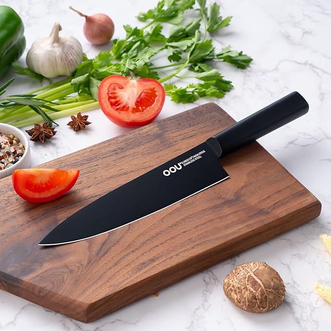OOU Knife Set with Block and Sharpener, 6 Pcs High Carbon German Steel Kitchen Knife Block Set, Dishwasher Safe Knife Set for Small Kitchen, Space-Saving, Anti-Rust