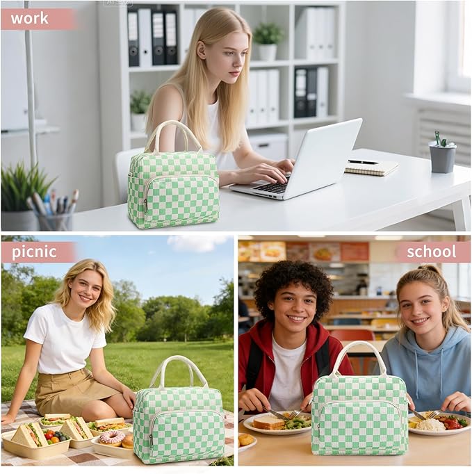 Lunch Box for Women Insulated Lunch Bag Women Adult Cute Lunch Bags Reusable Lunchbox Cooler Tote Bag for Work Picnic (Green Plaid)