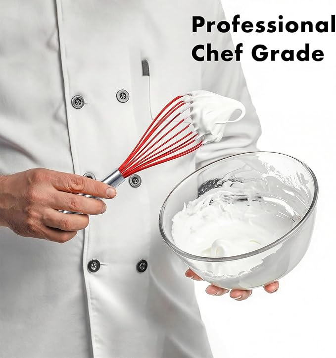 10-Inch Red Silicone Whisk, Heat Resistant 480°F Kitchen Whisk with Stainless Steel Ergonomic Handle, Non-Scratch for Nonstick Cookware, Dishwasher Safe, Perfect for Blending, Cooking & Beating