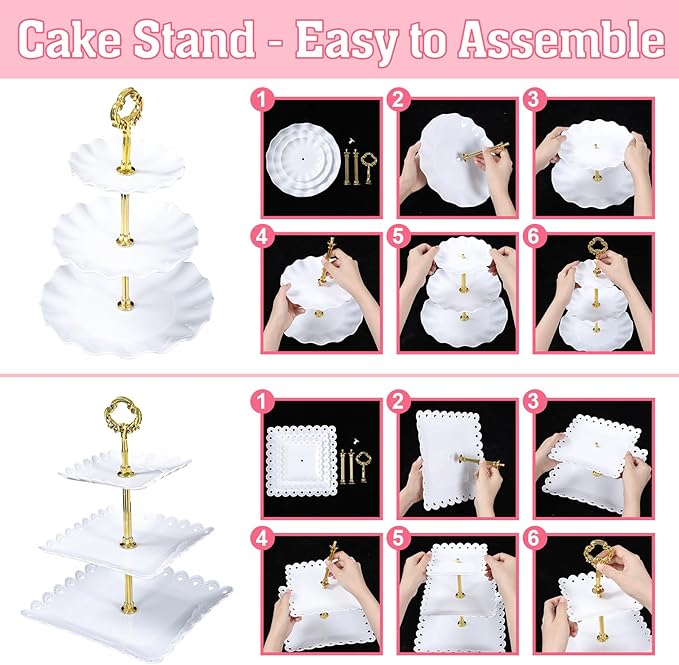 Frigg Dessert Table Display Set,10Pcs Cake Stand,4 Pcs 3 tiered Cupcake Stands and 6 Pcs Dessert Trays serving trays for Party Baby Shower Wedding Tea Party Decorations