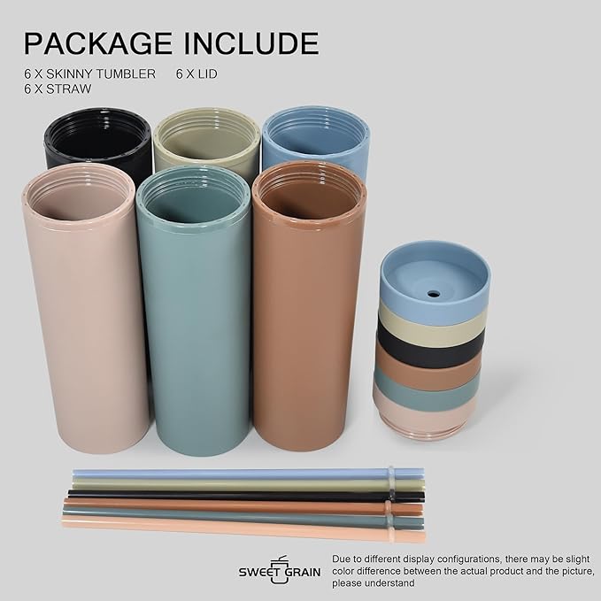 sweet grain Multicolor Skinny Tumblers with Lids and Straws(6 Pack) - 16oz Matte Pastel Colored Skinny Acrylic Tumblers, Double Wall Plastic Tall Skinny Tumblers Bulk for Cold Hot Drinks - Morandi