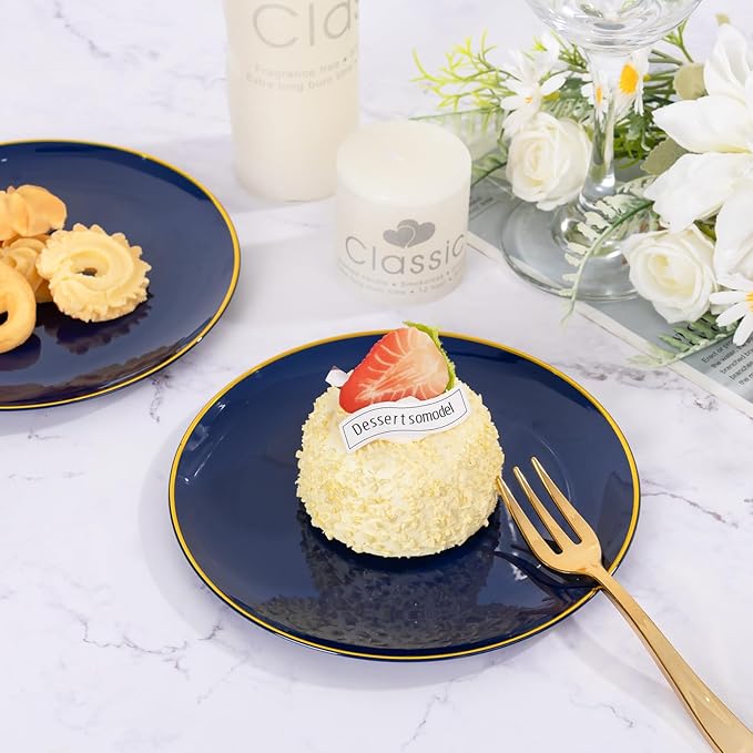 Festiva 200Pcs Navy Blue Gold Dessert Plates 6.3" with Plastic Forks 5"- Small Disposable Plates- Dessert/Cake/Appetizer Plastic Plates include 100Plates 100Forks for Birthday Party & Ramadan
