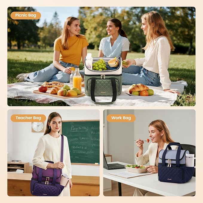 LOVEVOOK Insulated Lunch Bag For Women,Large Double Deck Adult Lunch Box,Teacher Lunch Tote Bag With Cup Holder,Leakproof Cooler Bag With Adjustable Shoulder Strap For Work Picnic Beach,Larger 15L