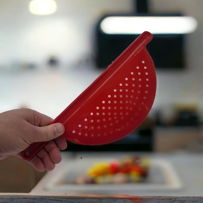 Handy Housewares Handheld Plastic Pot Drainer, Noodle & Pasta Strainer with Handle - Fits up to 9" Pots - Red (3 Pack)