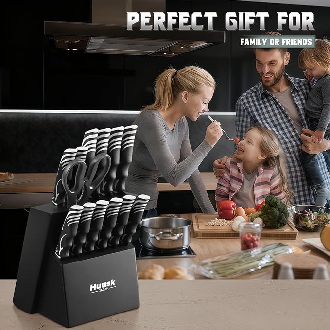 Huusk Knife Block Set with Sharpener - Black Kitchen Knives Set with Wooden Knife Block - Ideal Housewarming Gifts for New Home - Chef Knife Set with Kitchen Shears - Christmas Gift for Men and Women