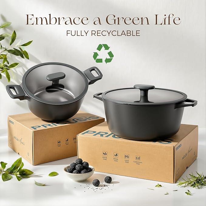 PRICUSIS Nonstick Stock Pot with Silicone Rim Tempered Glass Lid, 4.5/7 QT Soup Pot Casserole, Cooking Pot, Induction Compatible, Dishwasher Safe, Ideal for Pasta & Stews, PTFE PFOA Free, Black Sesame