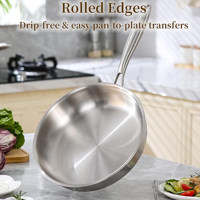 DELARLO Tri-Ply Stainless Steel Pan, 18/10 Frying Pan, Oven Safe Up to 600°F, Nontoxic Cookware, Compatible with All Cooktops Skillet, Durable, Fast Even Heat Fry Pan,10+12 inch Pan