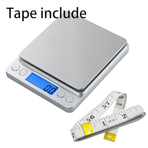 Small Digital Scale,3kg/0.1g,6.6lb,Kitchen Scale,Food Scale,with Blue Backlit LCD Display, 6 Units, Auto Off, Tare, PCS Function, Stainless Steel, Battery Included,Soft Tape Included(150cm)