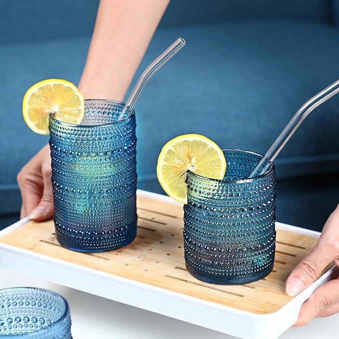 Large Hobnail Drinking Glasses Set of 6, 15oz Blue Vintage Glassware, Embossed Glass Cups, Water Tumbler, Highball Glasses For Beer, Juice And Various Mixed Drinks