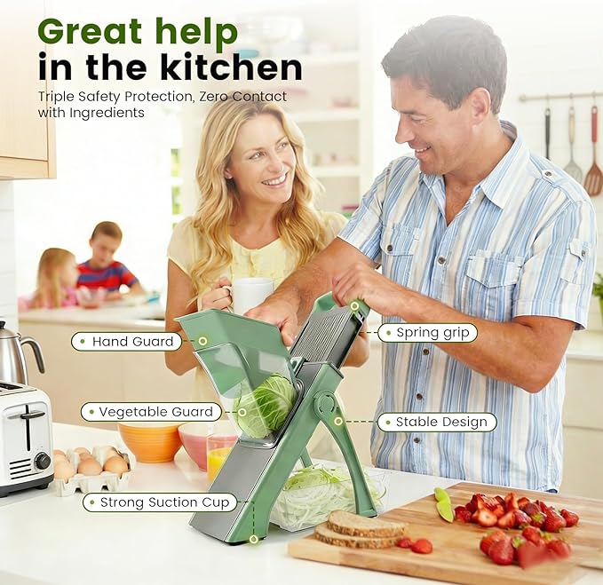 4-in-1 Safe Mandoline Slicer & Vegetable Chopper with 0.1-8mm Adjustable Thickness, Dicer, Julienne & French Fry Cutter Functions, Foldable Kitchen Gadget with Container (Green)