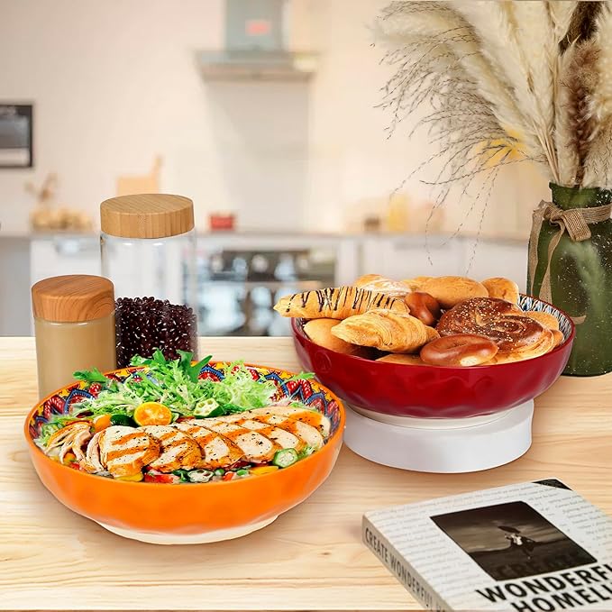 Large Serving Bowls, 10 inch Porcelain Bowls,75 Oz Fruit Salad Soups & Pasta Bowls for Entertaining, Dinner, Party - Stylish Decorative Dishes, Set of 2, Microwave & Dishwasher Safe - RED