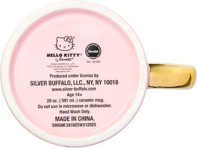Silver Buffalo Sanrio Hello Kitty Pink and Gold Chrome Ceramic Mug with Bow 3D Sculpted Handle, 20 Ounces