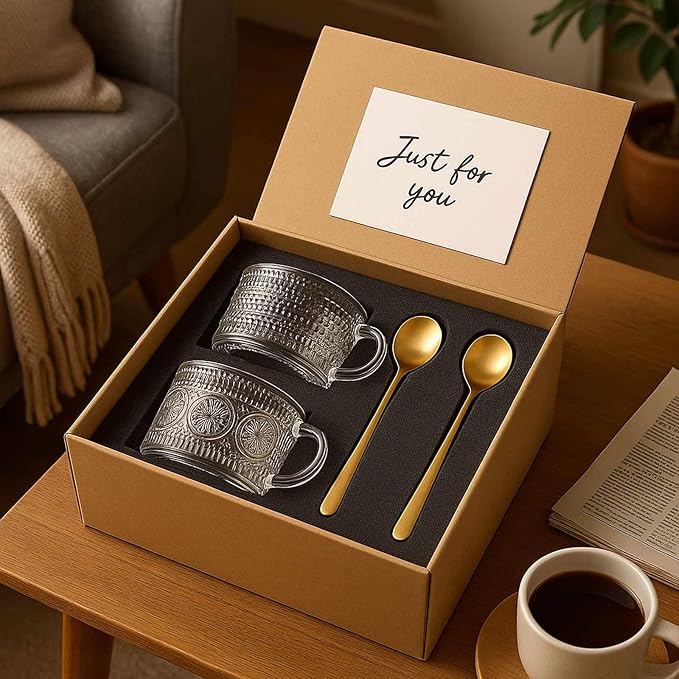 JBHO Vintage Glass 14OZ Coffee Mugs 4pcs Clear Embossed Glass Cups with Bamboo Lids and Spoons Gifts for Women Overnight Containers for Tea,Cereal,Cappuccino, Latte