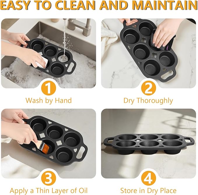 Pre-Seasoned Cast Iron Muffin Pan - 6-Cup Nonstick Cupcake Pan, 2 Piece Set