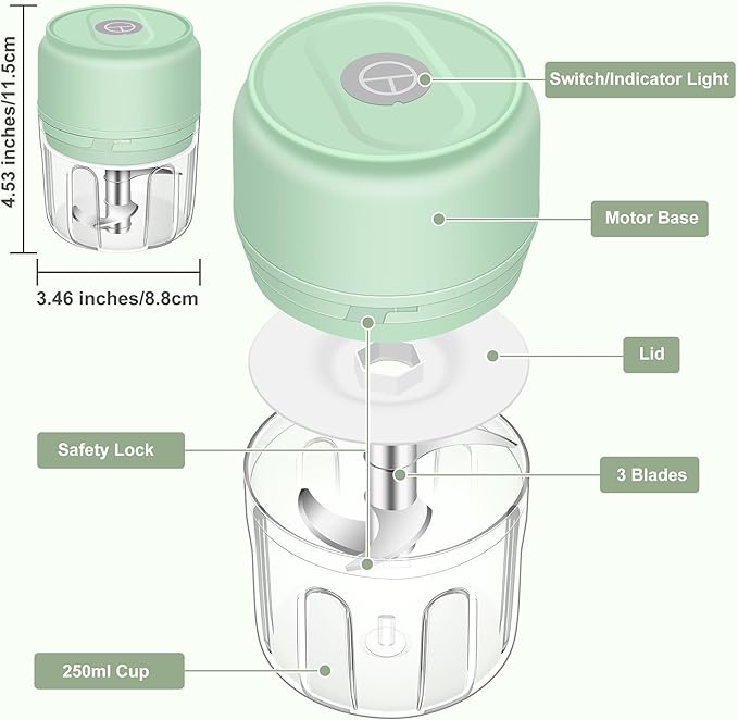 250ml Electric Garlic Chopper, Portable Garlic Press, Wireless Mini Food Processor, Rechargeable Garlic Chopper Mincer for Ginger, Chili, Onion, Minced Meat and Spices (Green)