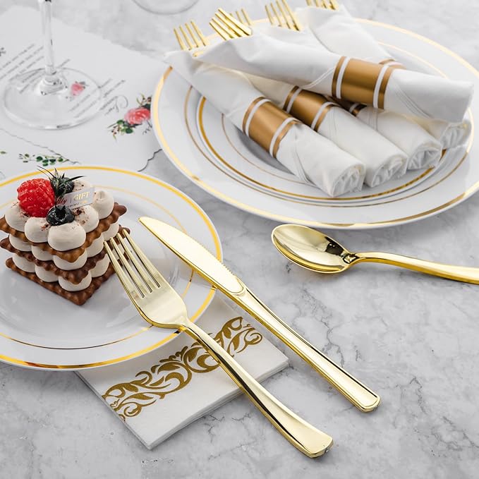 N9R 75 Pack Pre Rolled Gold Plastic Cutlery Set, Wrapped Plastic Silverware Set with 75 Forks, 75 Knives, 75 Spoons and 75 Napkins, Disposable Cutlery Set for Party and Wedding