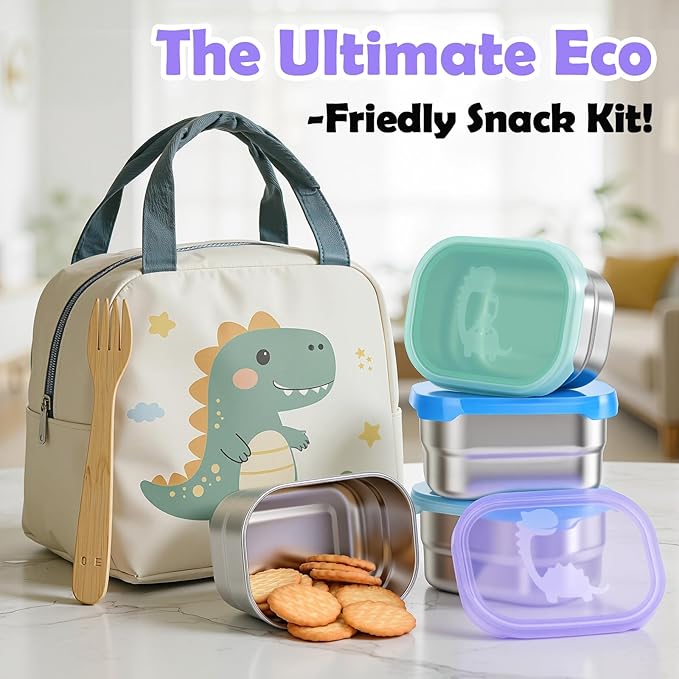 4×8oz Small Stainless Steel Snack Containers for Kids & Toddlers - 230mL Leakproof Food Containers with Cute Dino Lids | LFGB Certified, Stackable Metal Snack Box for Daycare, School, Travel